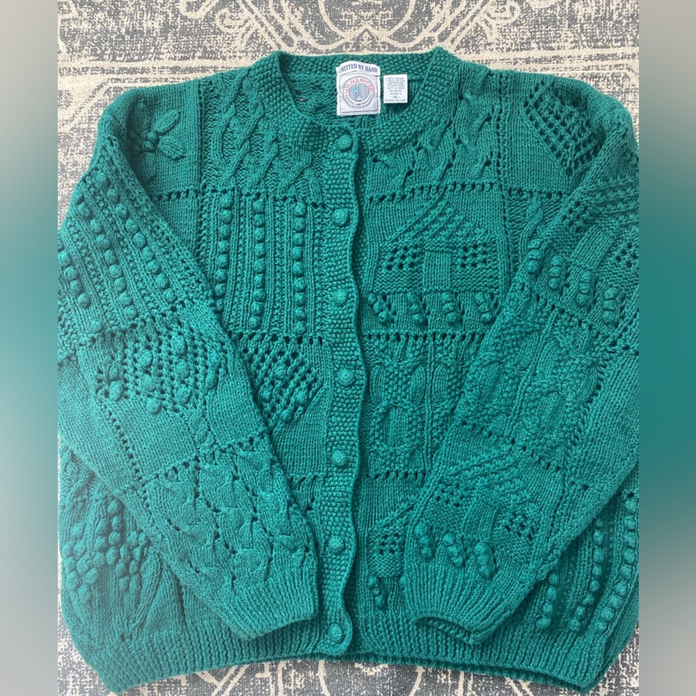 VTG Hand-Knit Hunter Green Chunky Cardigan Sweater: Size XL